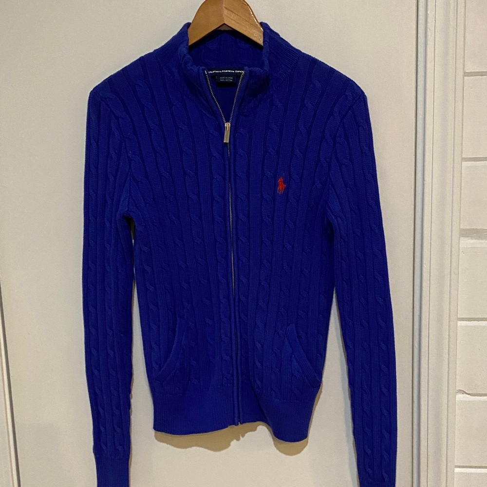 Ralph Lauren Royal Blue Cable Knit Zip Cardigan with Red Polo Logo